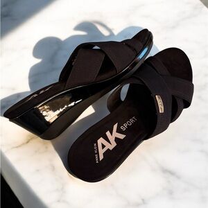 Anne Klein Black Wedge Sandals with Cross-Strap Design